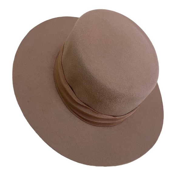 Wide Brim Women Felt Flat Top Tan Classic Retro Hat With Ribbon Band Sz OS main image 8